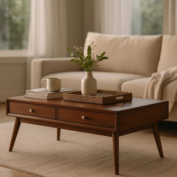 2 Drawer Wooden Coffee Table with Splayed Legs, Walnut Brown - BM220118