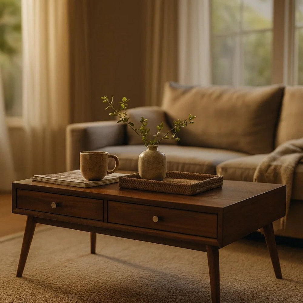 2 Drawer Wooden Coffee Table with Splayed Legs, Walnut Brown - BM220118