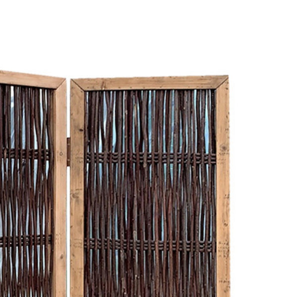 Transitional 3 Panel Wooden Screen with Weaved Design, Brown - BM220179