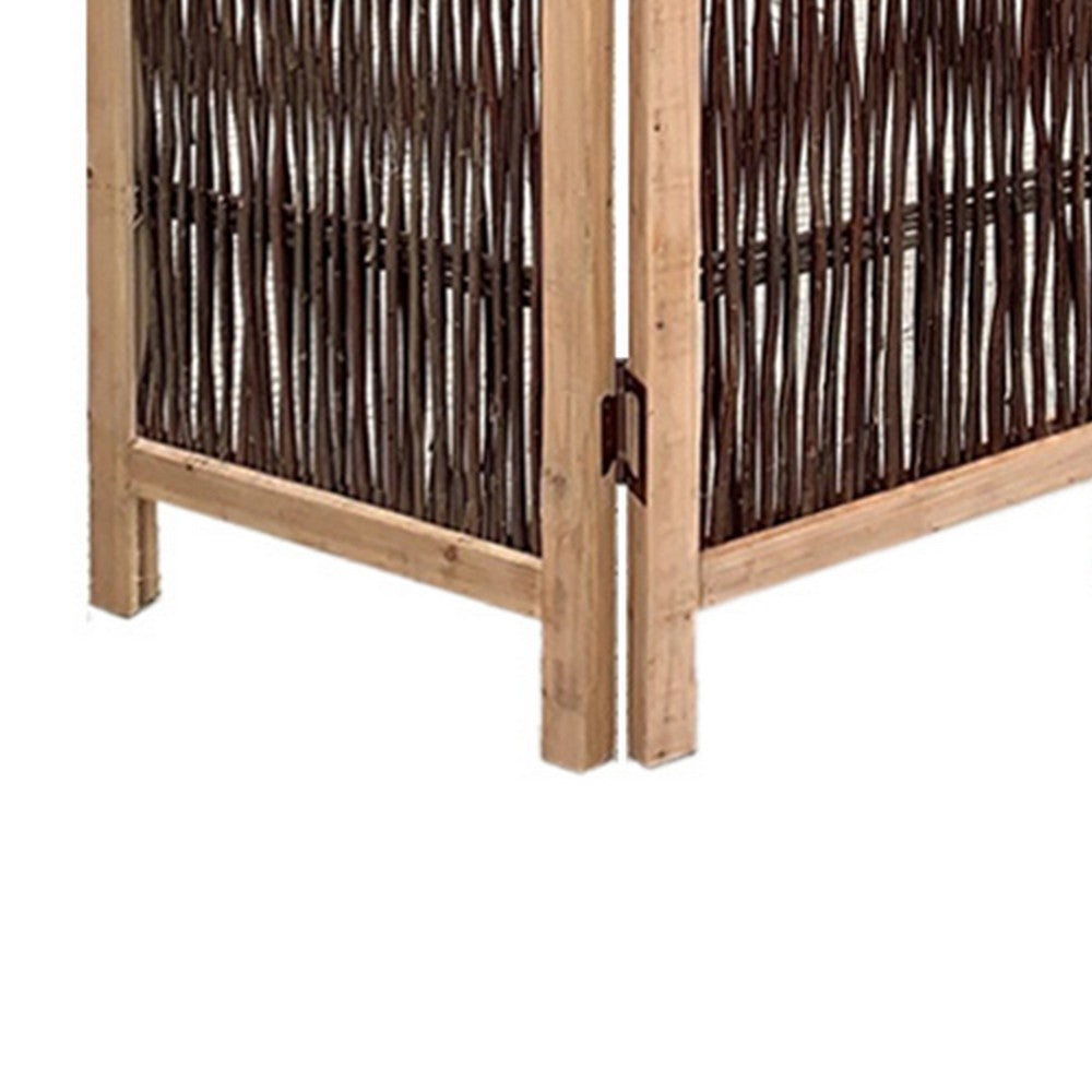 Transitional 3 Panel Wooden Screen with Weaved Design, Brown - BM220179