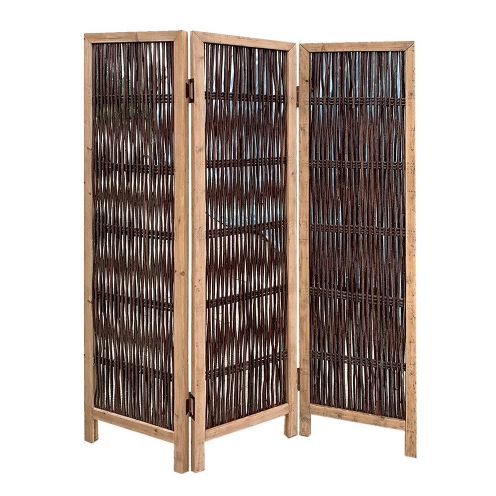 Transitional 3 Panel Wooden Screen with Weaved Design, Brown - BM220179