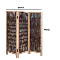 Transitional 3 Panel Wooden Screen with Weaved Design, Brown - BM220179