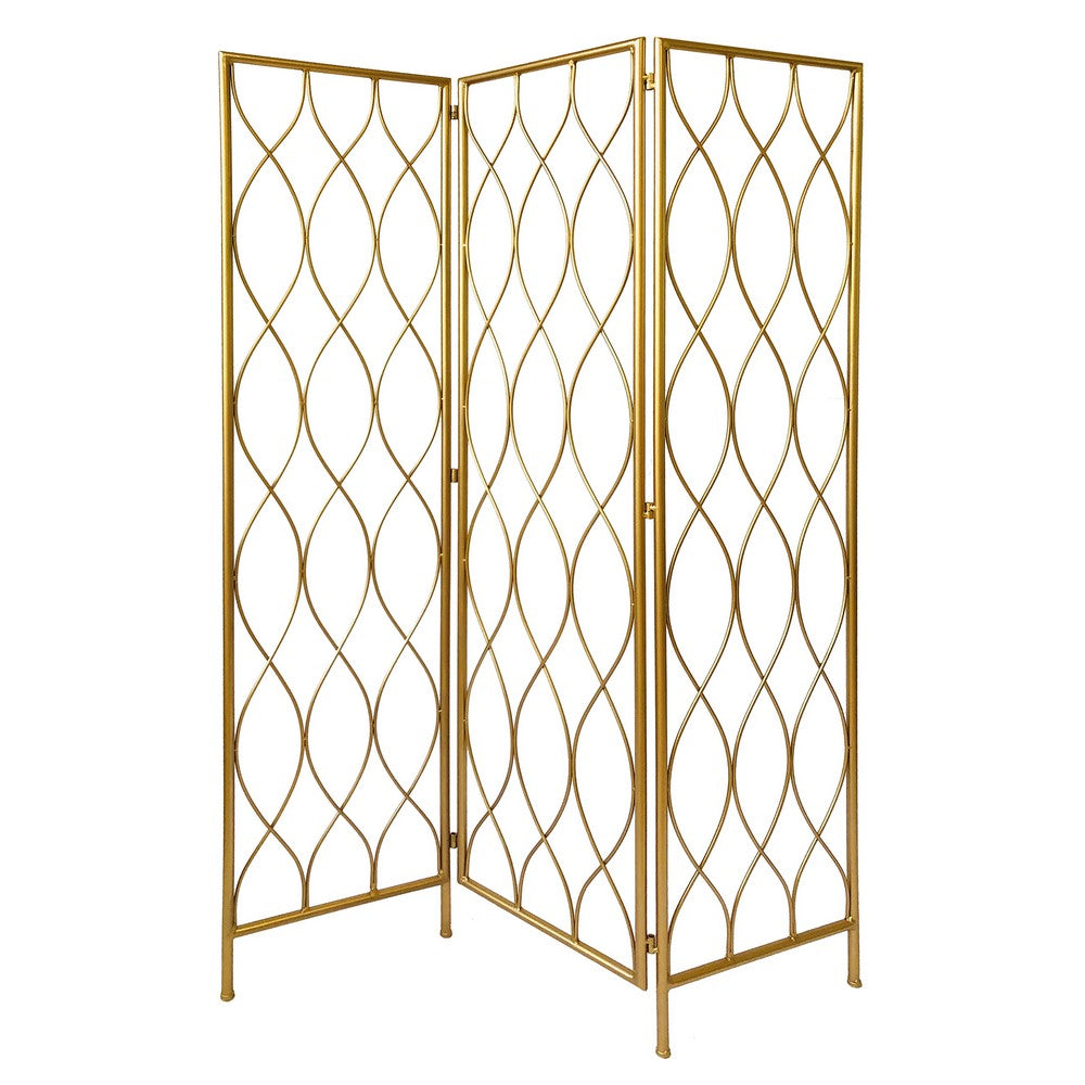 3 Panel Metal Frame Screen with Twisted Oval Design, Gold - BM220188