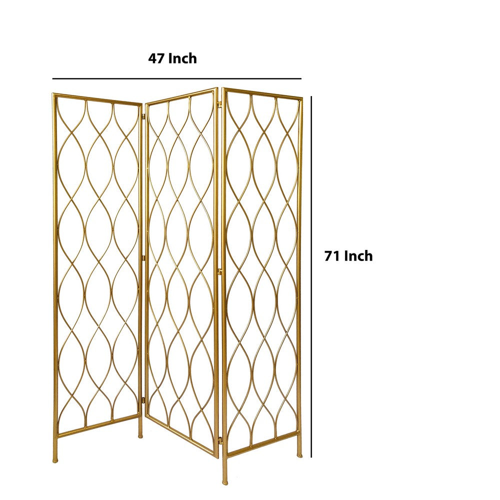 3 Panel Metal Frame Screen with Twisted Oval Design, Gold - BM220188