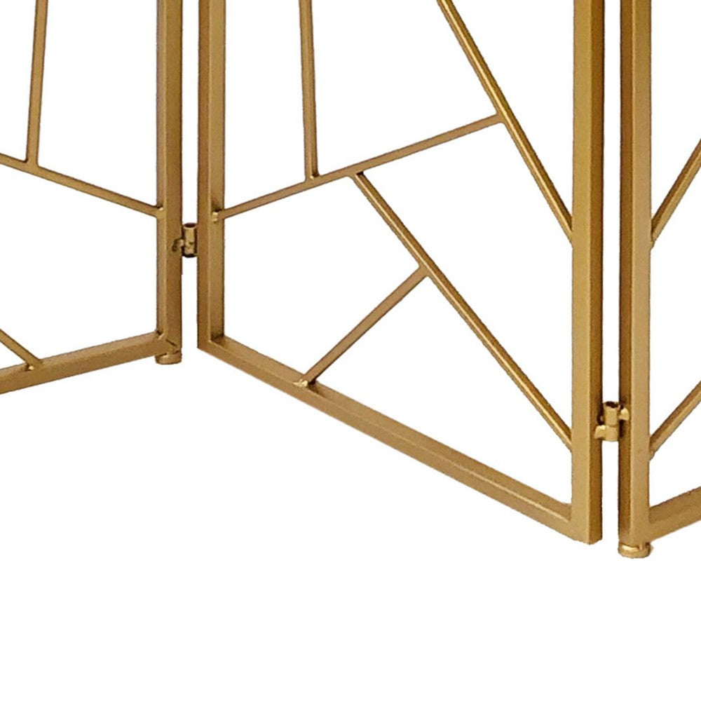 3 Panel Metal Frame Screen with Lattice Cut Out Design, Gold - BM220189