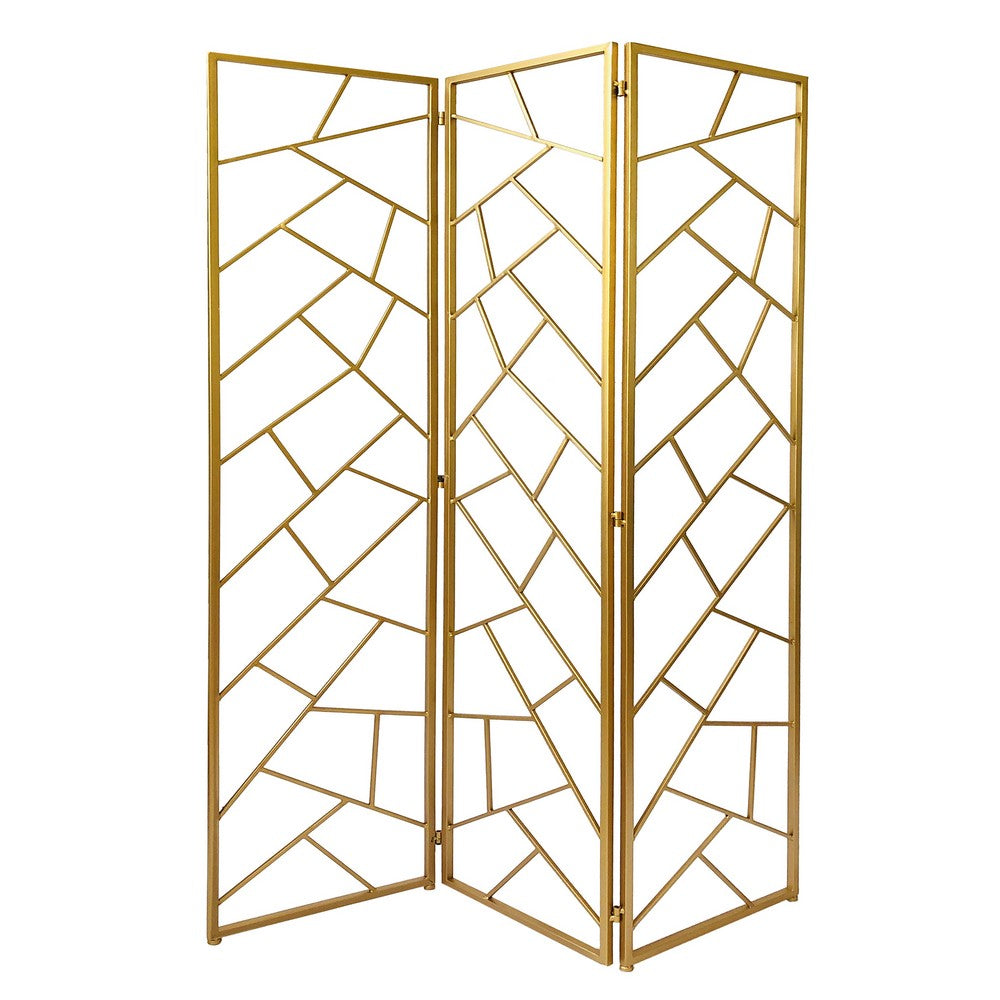 3 Panel Metal Frame Screen with Lattice Cut Out Design, Gold - BM220189