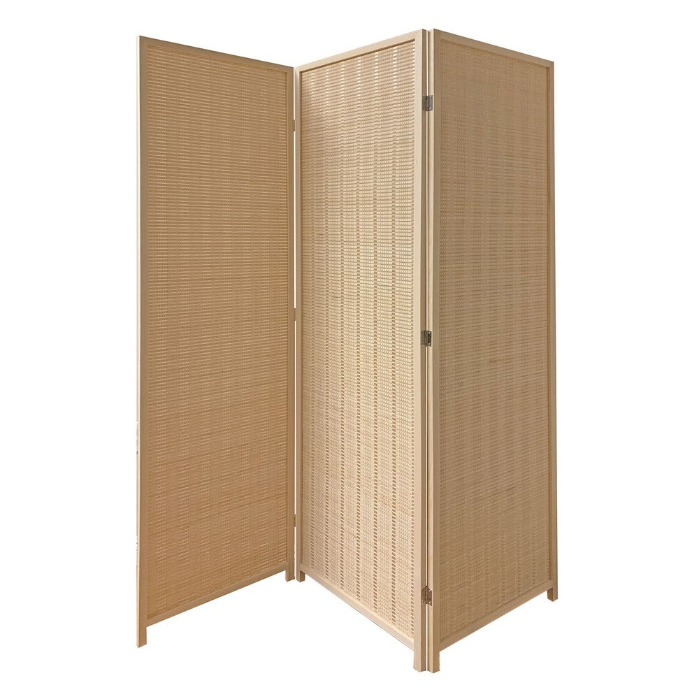 3 Panel Bamboo Shade Roll Room Divider, Beige - BM220193