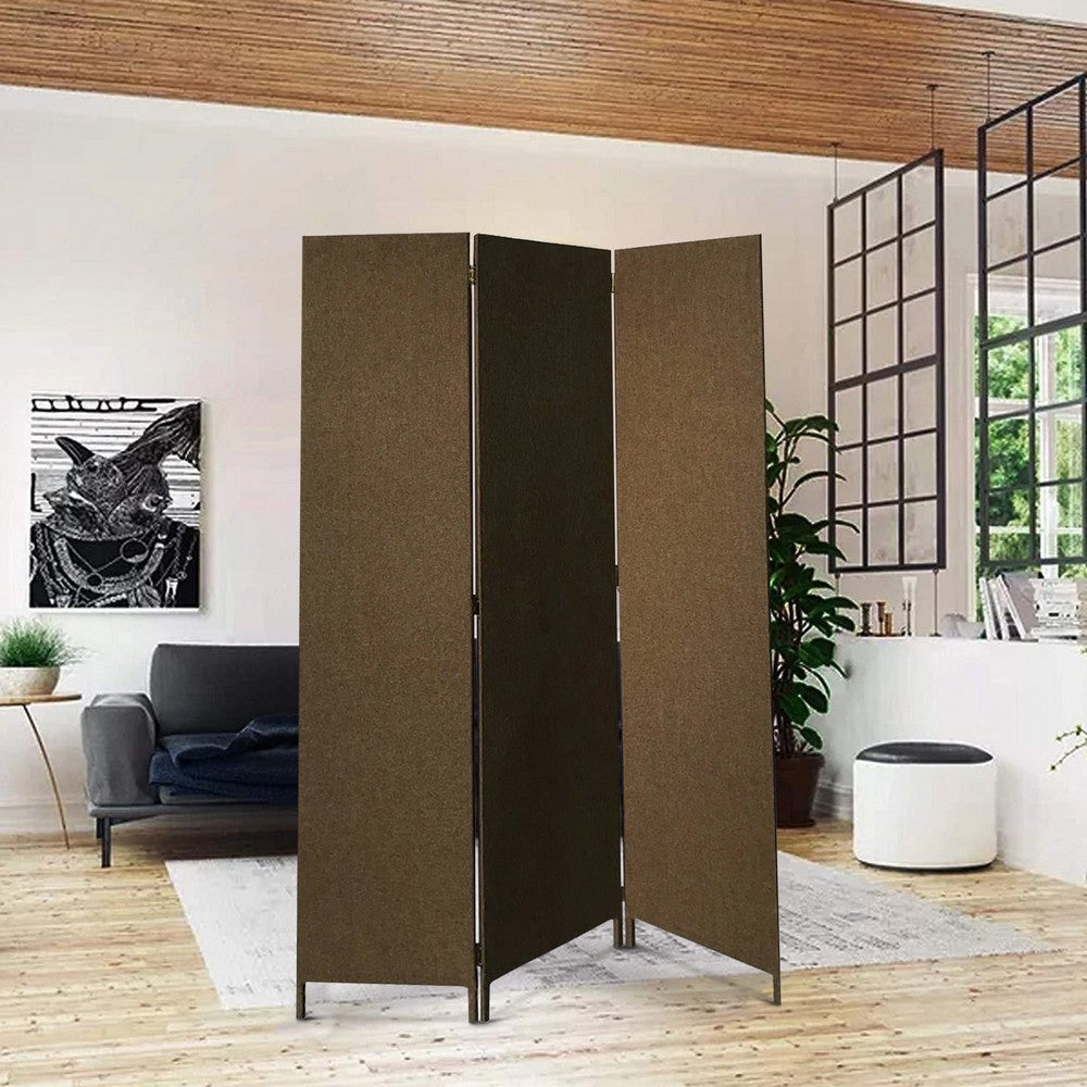 3 Panel Fabric Upholstered Wooden Screen with Straight Legs, Brown - BM220195