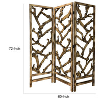 72 Inch 3 Panel Screen Divider, Rustic, Mulberry Branch Design, Brown - BM220198