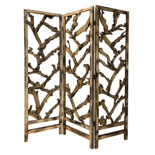 72 Inch 3 Panel Screen Divider, Rustic, Mulberry Branch Design, Brown - BM220198