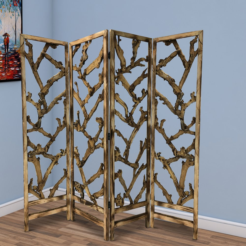 4 Panel Wooden Screen with Mulberry Alpine Like Branches Design, Brown - BM220199