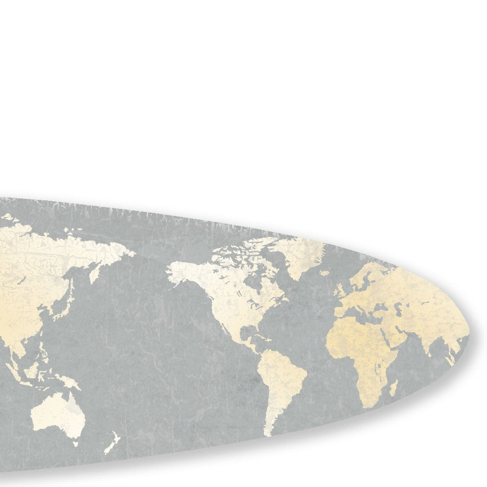 Wooden Surfboard Wall Art with World Map Print, Gray and White - BM220210