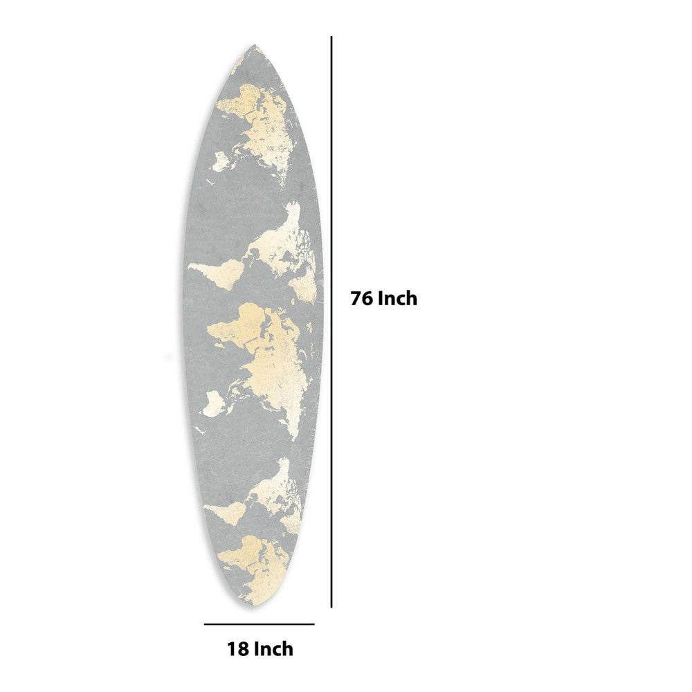 Wooden Surfboard Wall Art with World Map Print, Gray and White - BM220210