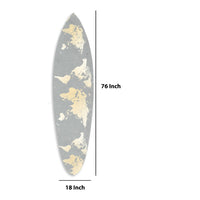 Wooden Surfboard Wall Art with World Map Print, Gray and White - BM220210