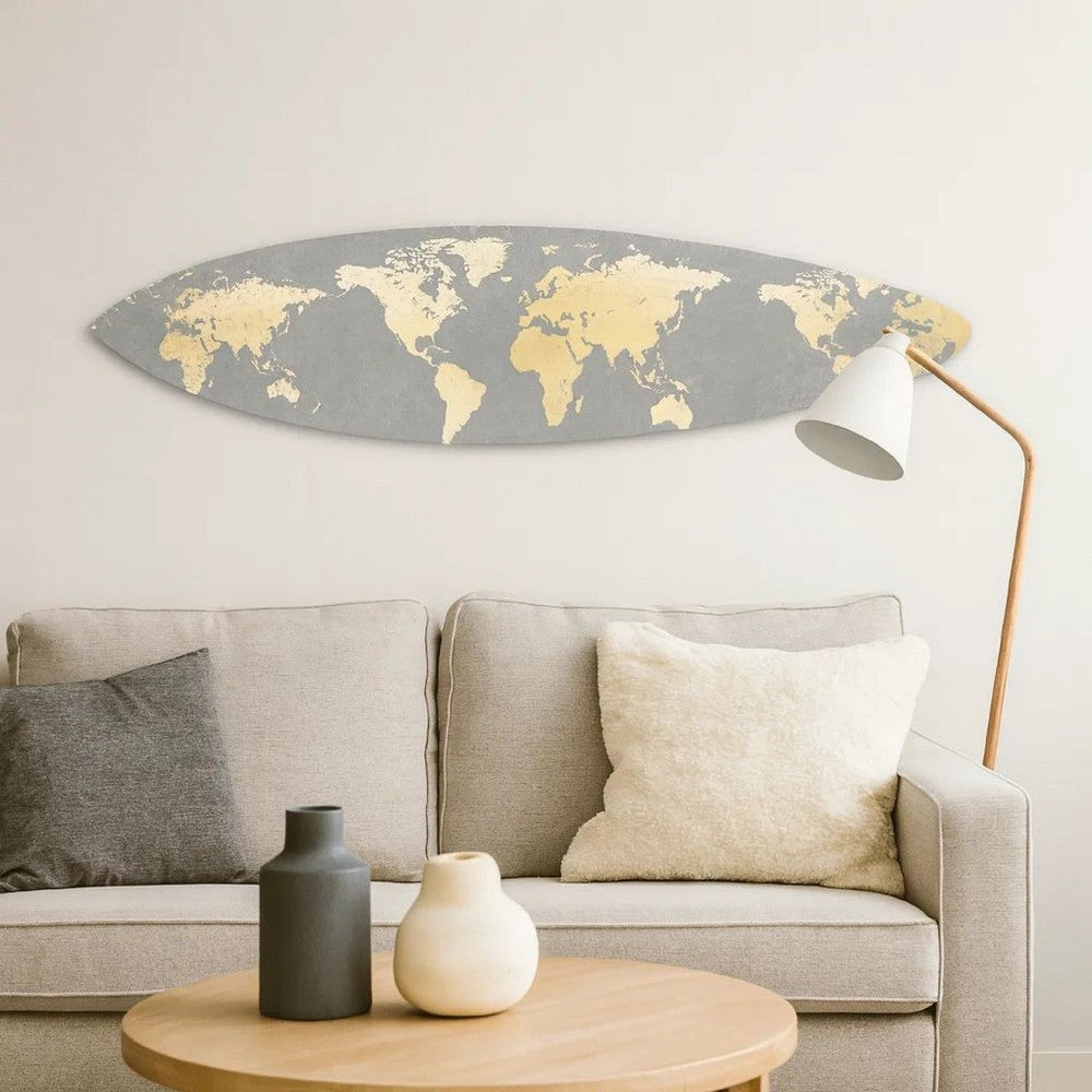 Wooden Surfboard Wall Art with World Map Print, Gray and White - BM220210