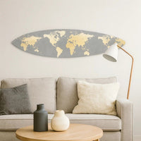 Wooden Surfboard Wall Art with World Map Print, Gray and White - BM220210