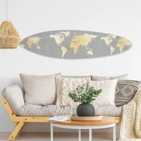 Wooden Surfboard Wall Art with World Map Print, Gray and White - BM220210