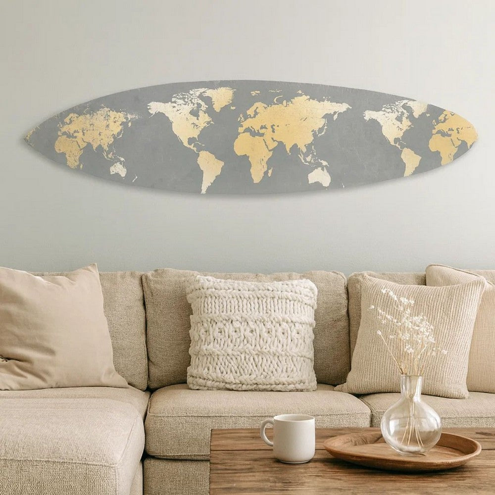 Wooden Surfboard Wall Art with World Map Print, Gray and White - BM220210