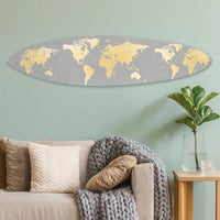 Wooden Surfboard Wall Art with World Map Print, Gray and White - BM220210
