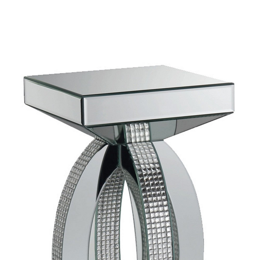 Square Wooden End Table with Curved Body and Rhinestone Accents, Silver - BM220236