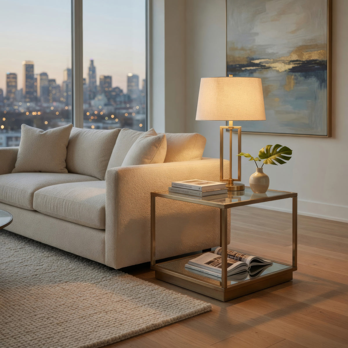 Glass Top Square Contemporary Table with Tubular Metal Base, Gold  - BM220237