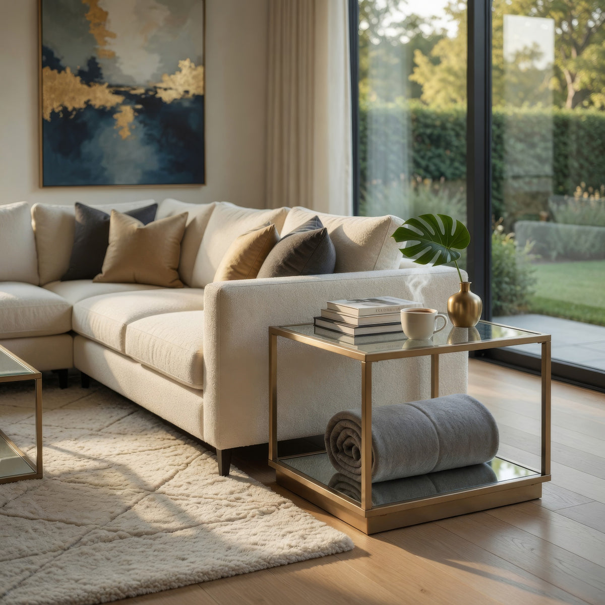 Glass Top Square Contemporary Table with Tubular Metal Base, Gold  - BM220237