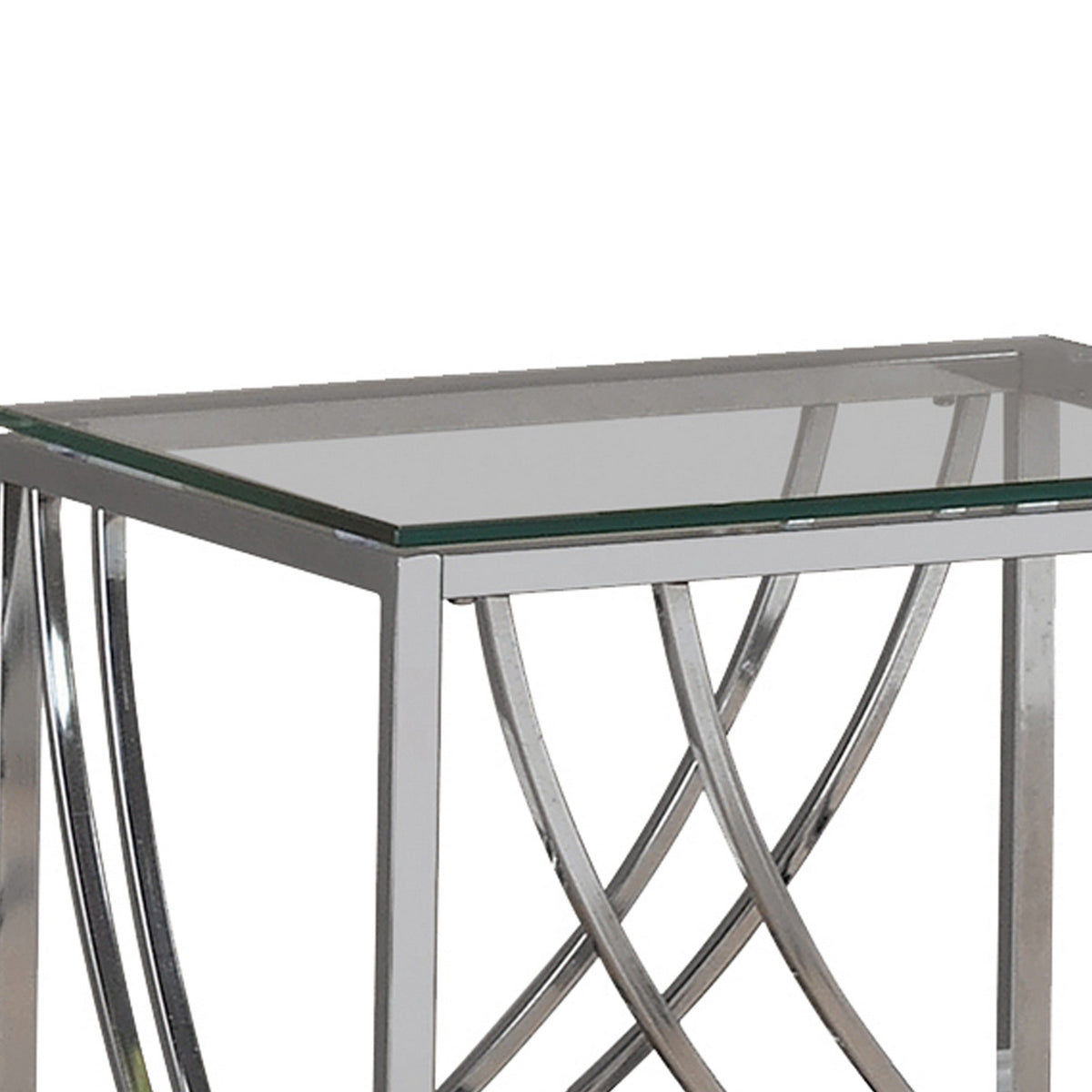 Tempered Glass Top End Table with Metal Tubular Legs, Chrome and Clear  - BM220279