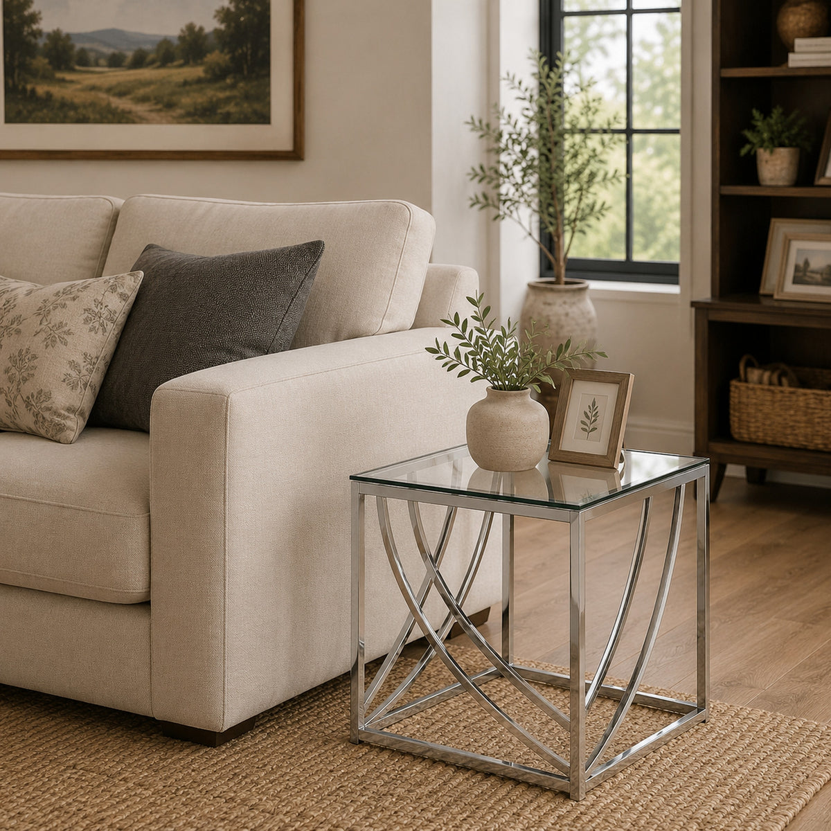 Tempered Glass Top End Table with Metal Tubular Legs, Chrome and Clear  - BM220279