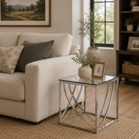 Tempered Glass Top End Table with Metal Tubular Legs, Chrome and Clear  - BM220279