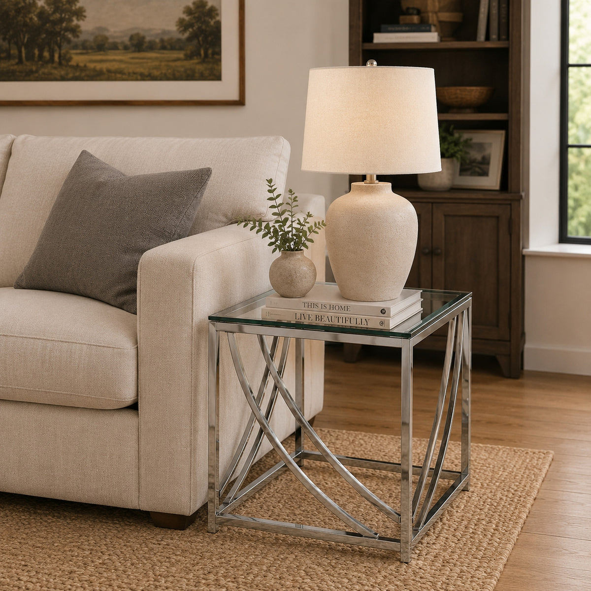Tempered Glass Top End Table with Metal Tubular Legs, Chrome and Clear  - BM220279