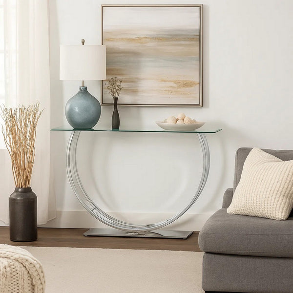 Contemporary U Shape Glass Tabletop Sofa Table, Silver - BM220321