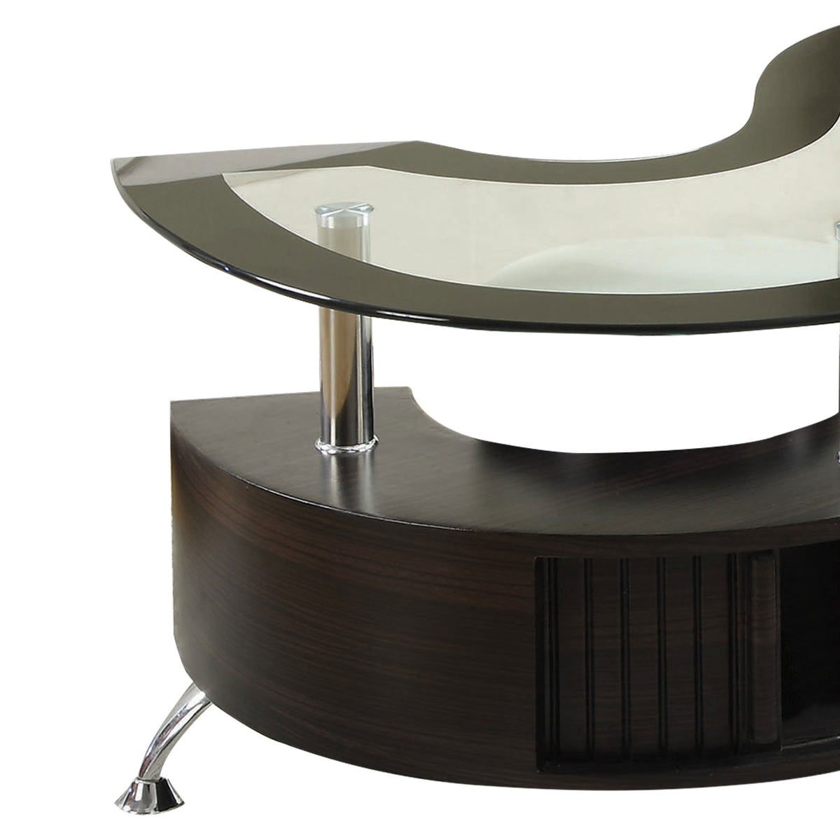 S Shape Contemporary Wood Base Coffee Table with Glass Top,Silver and Brown