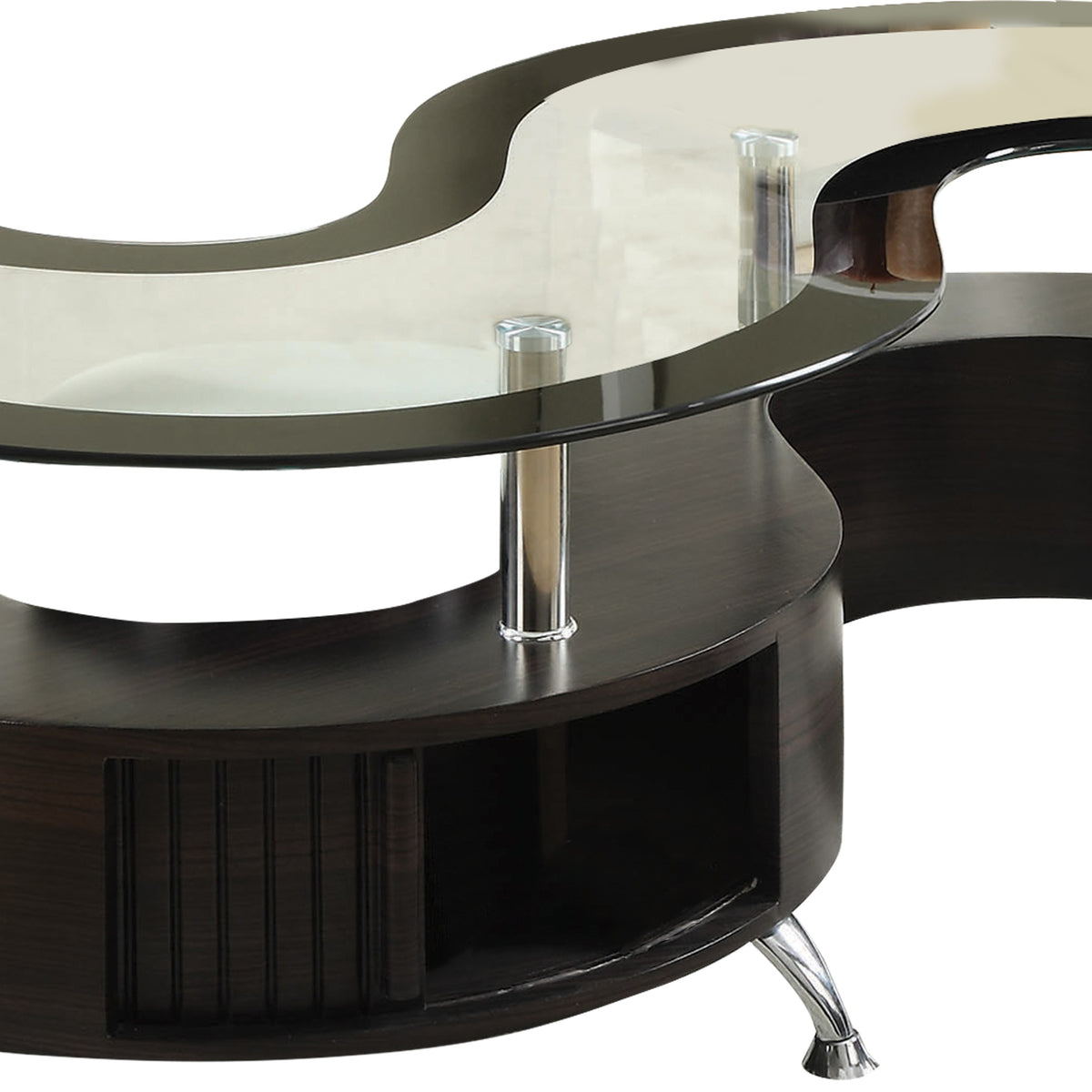 S Shape Contemporary Wood Base Coffee Table with Glass Top,Silver and Brown