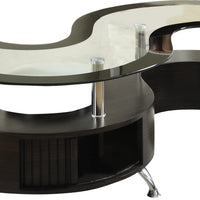 S Shape Contemporary Wood Base Coffee Table with Glass Top,Silver and Brown