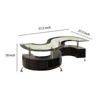 S Shape Contemporary Wood Base Coffee Table with Glass Top,Silver and Brown