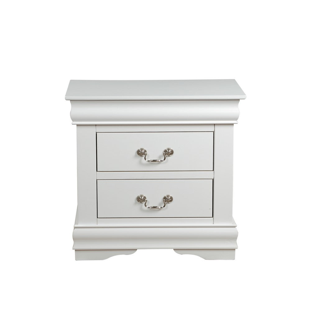 2 Drawer Wooden Nightstand with Metal Hanging Pulls and Bracket Feet, White - BM220333