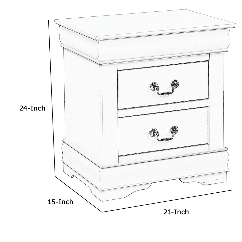 2 Drawer Wooden Nightstand with Metal Hanging Pulls and Bracket Feet, White - BM220333