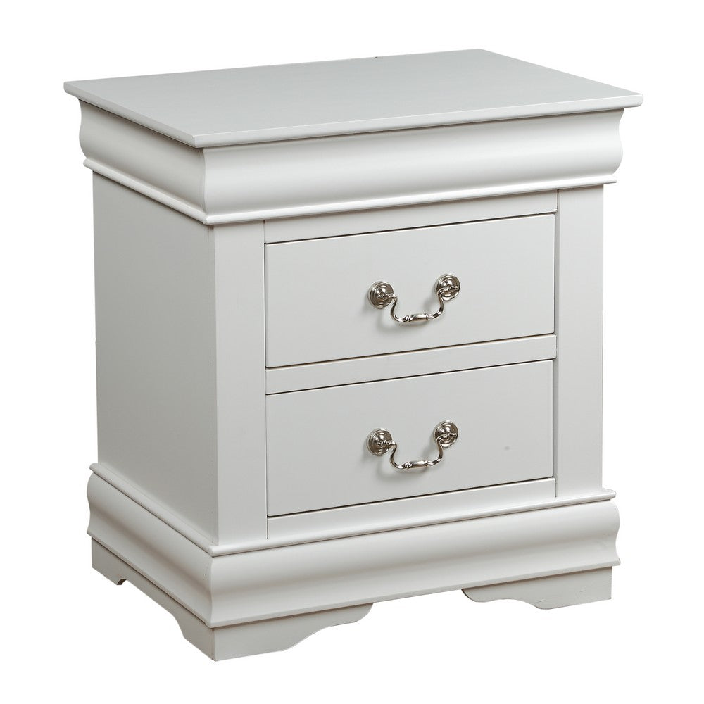 2 Drawer Wooden Nightstand with Metal Hanging Pulls and Bracket Feet, White - BM220333