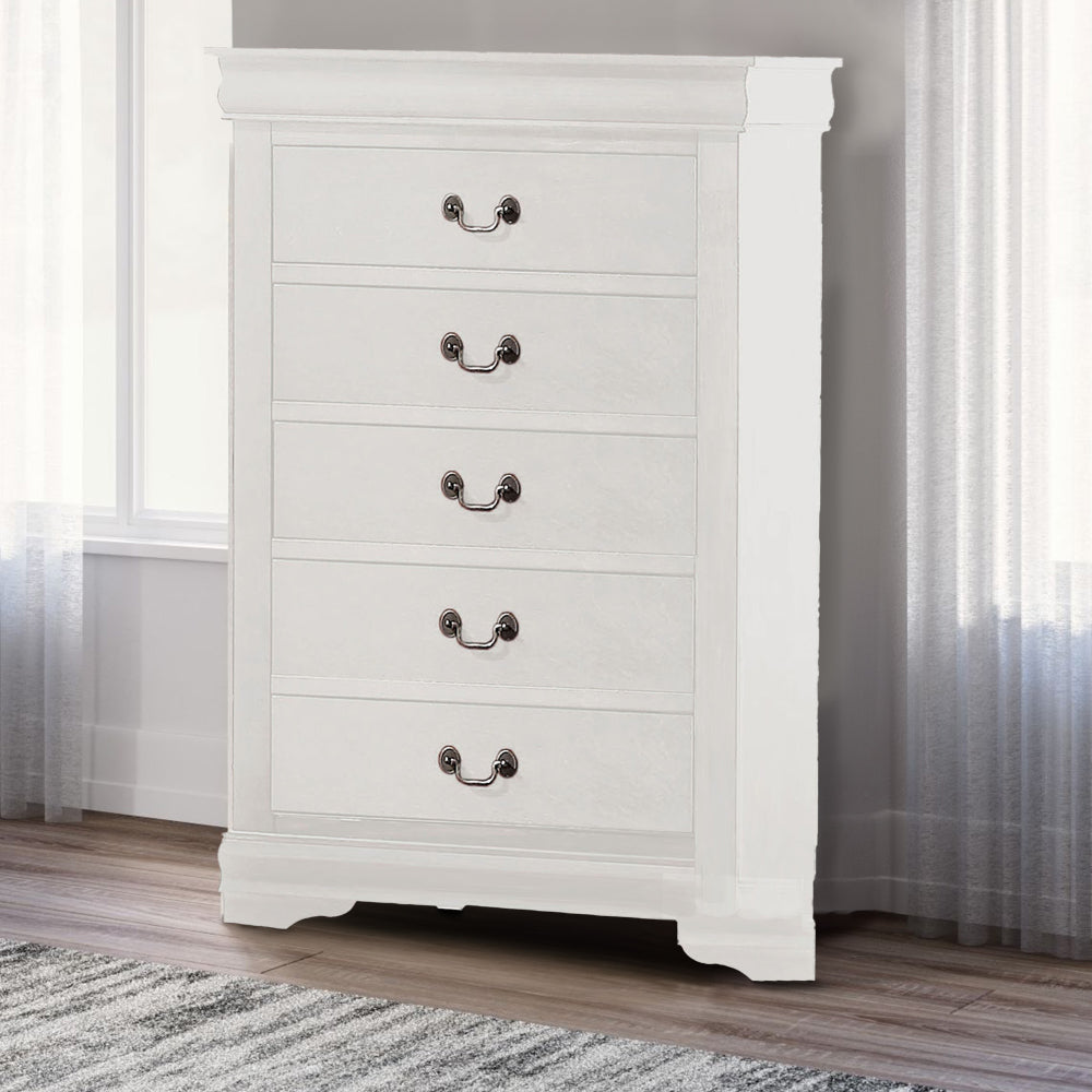 Benjara 5 Drawer Wooden Chest with Metal Hanging Pulls and Bracket Feet, White Benjara 5 Drawer Wooden Chest with Metal Hanging Pulls and Bracket Feet, White