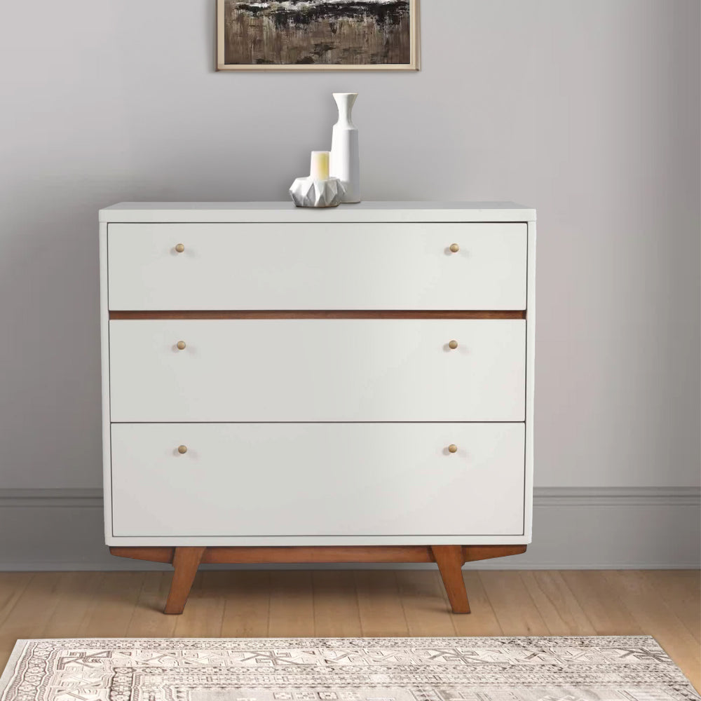 3 Drawer Wood Chest with Round Pulls and Angled Legs Small White and Brown BM220498