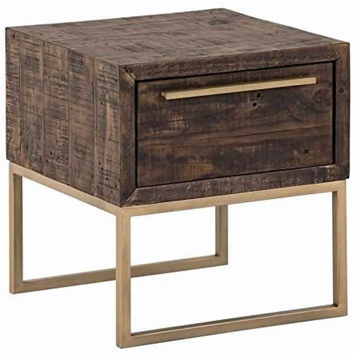 Wooden Lamp Table with 1 Storage Drawer and Metal Base, Brown and Gold - BM220531