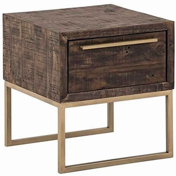 Wooden Lamp Table with 1 Storage Drawer and Metal Base, Brown and Gold - BM220531