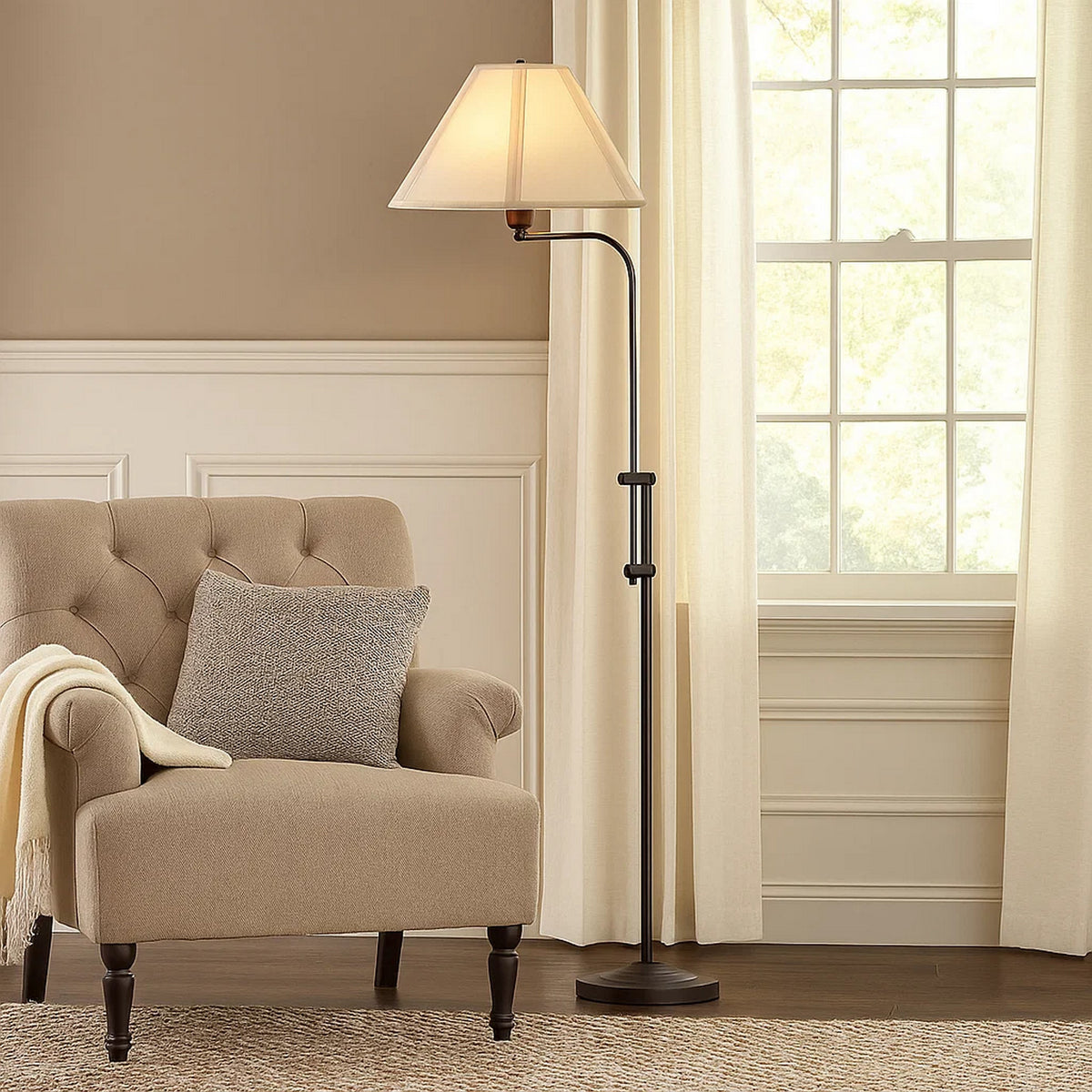 3 Way Metal Floor Lamp with and Adjustable Height Mechanism, Bronze