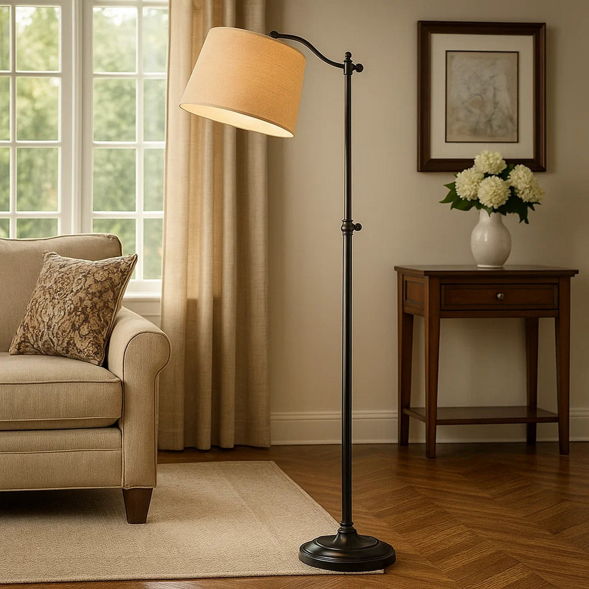 100 Watt Metal Down Bride Floor lamp with Fabric Tapered Drum Shade, Black