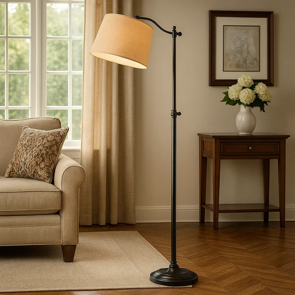 100 Watt Metal Down Bride Floor lamp with Fabric Tapered Drum Shade, Black