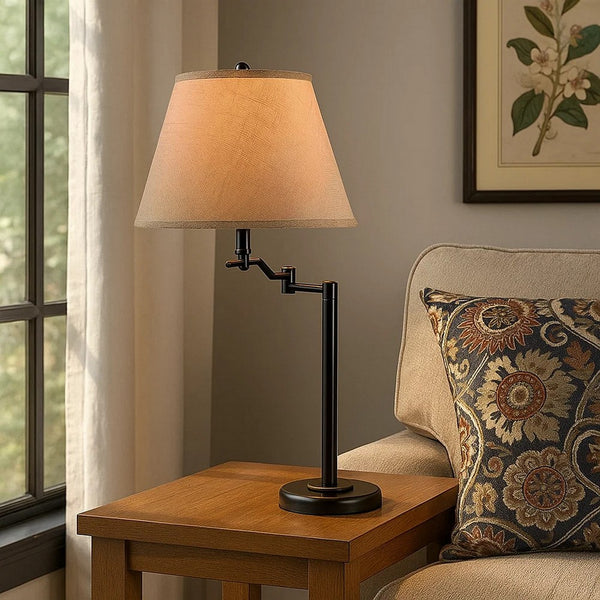 3 Way Metal Body Table Lamp with Swing Arm and Conical Fabric Shade, Black - BM220834