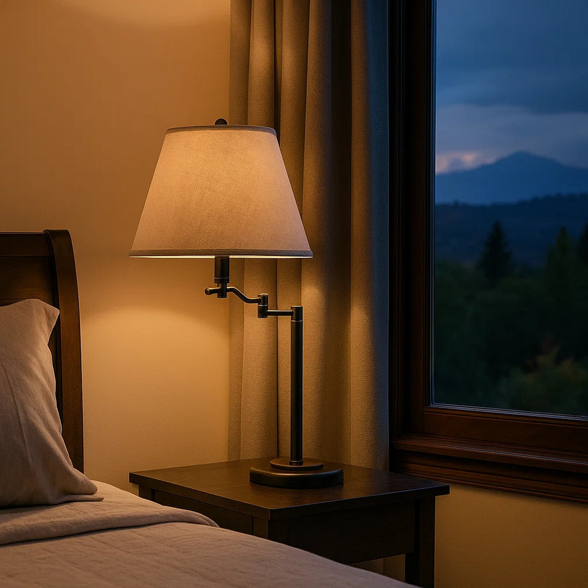 3 Way Metal Body Table Lamp with Swing Arm and Conical Fabric Shade, Black - BM220834