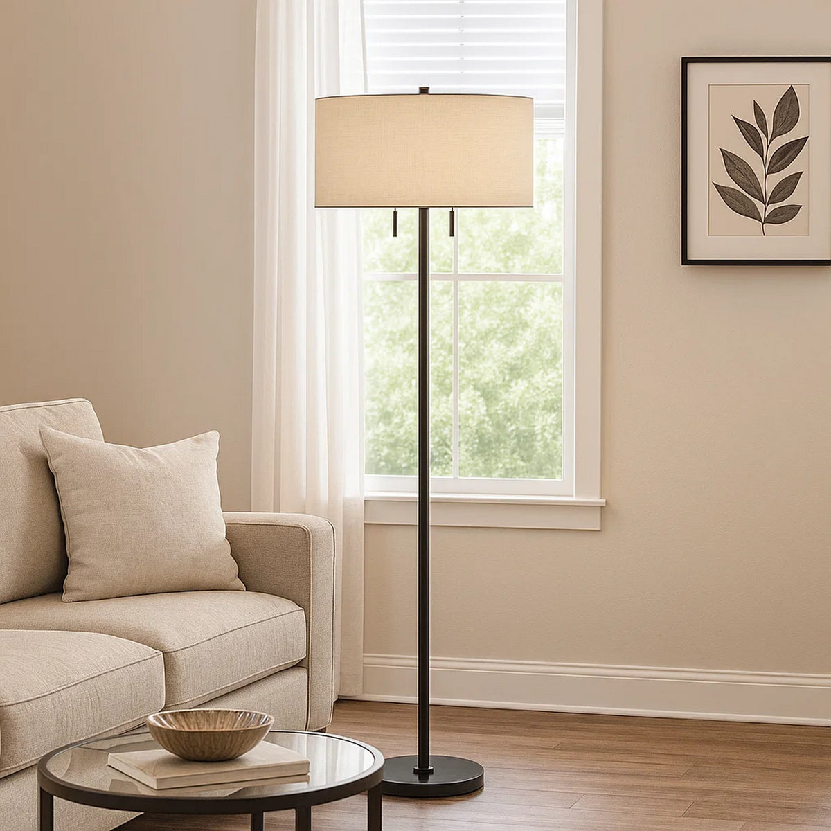 Metal Body Floor Lamp with Fabric Drum Shade and Pull Chain Switch, Black - BM220846