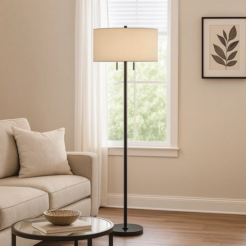 Metal Body Floor Lamp with Fabric Drum Shade and Pull Chain Switch, Black - BM220846