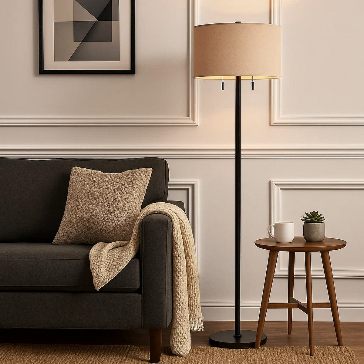 Metal Body Floor Lamp with Fabric Drum Shade and Pull Chain Switch, Black - BM220846